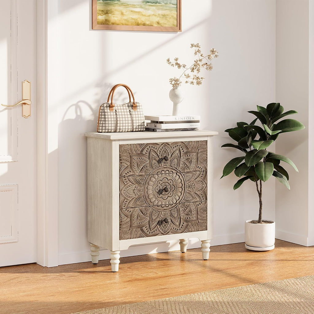 COSIEST 3 Drawers Nightstand, Accent Dresser, 29'' Tall Wood Vintage Small Accent Chest, Bedside Table,Bedroom Furniture for Home, Entryway (Lotus Pattern)