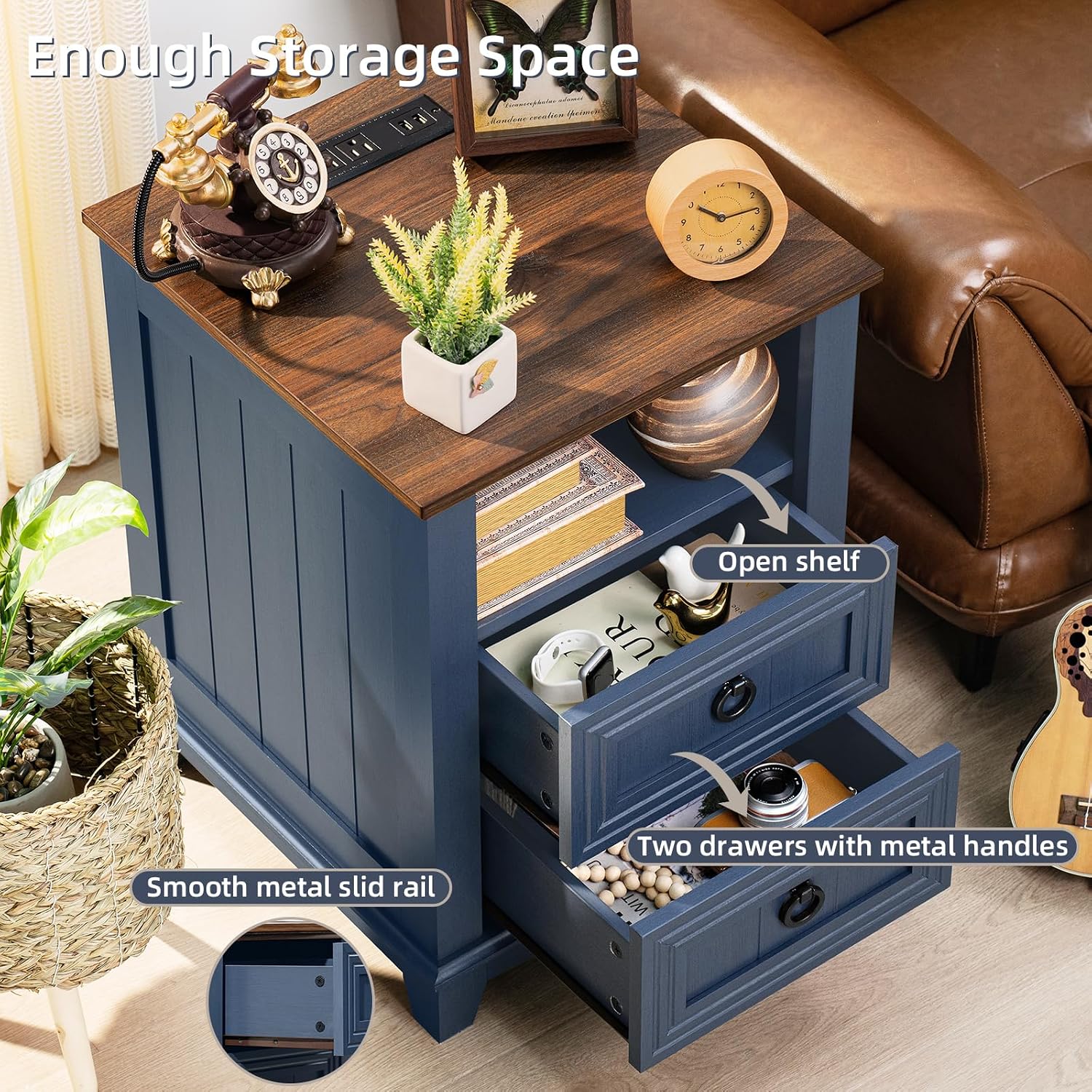 Joaxswe 18' Farmhouse Night Stands Set of 2 with Charging Station, 2 Drawers End Table Dresser for Bedroom, Blue Wooden Nightstand, Bed Side Table with Open Shelf, Bedside Cabinet for Living Room