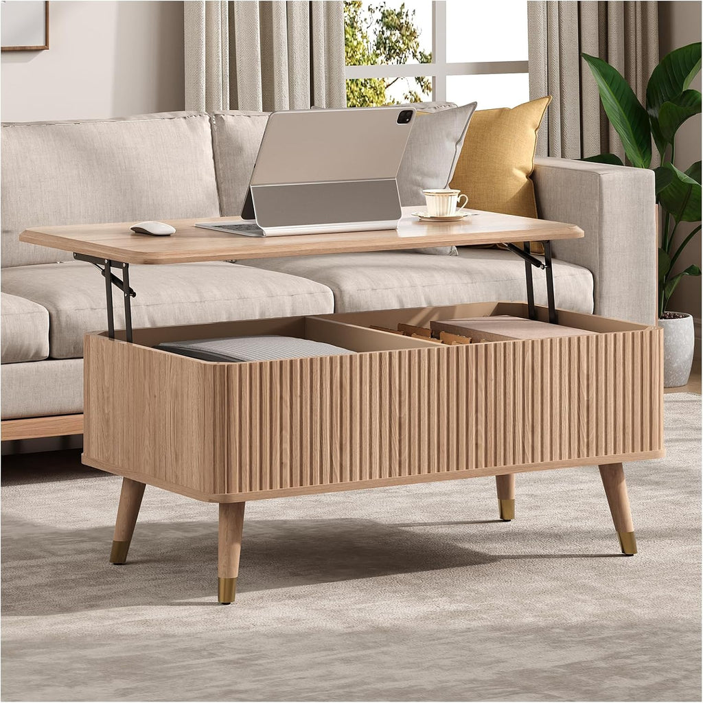 Lift Top Coffee Table with Storage, Mid Century Modern Coffee Table with Solid Wood Legs, 38' Minimalist Fluted Center Table for Living Room, Home Office, Natural Oak