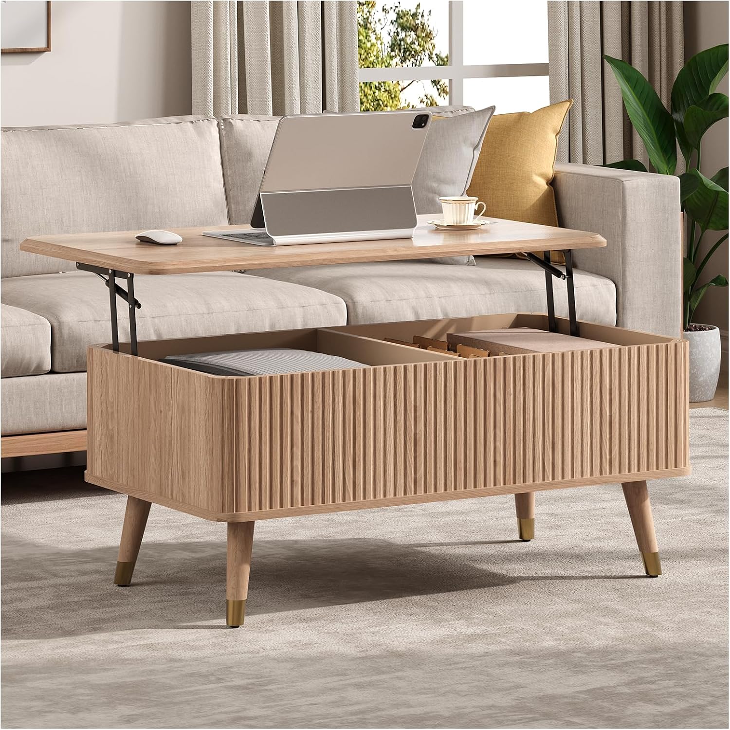 Lift Top Coffee Table with Storage, Mid Century Modern Coffee Table with Solid Wood Legs, 38' Minimalist Fluted Center Table for Living Room, Home Office, Natural Oak