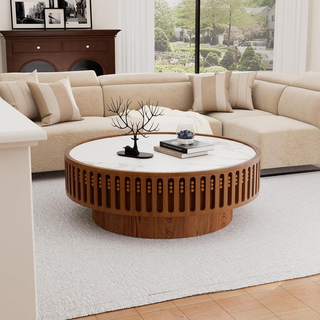 Round Wooden Coffee Table with Sintered Stone Tabletop 35.43' Modern Drum Coffee Table Unique Fluted Center Table for Living Room Office Cafe (35.4' Sintered Stone Tabletop)