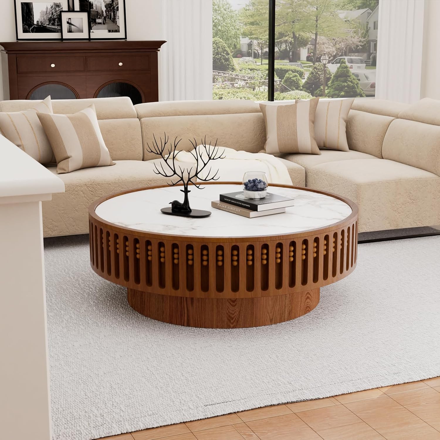 Round Wooden Coffee Table with Sintered Stone Tabletop 35.43' Modern Drum Coffee Table Unique Fluted Center Table for Living Room Office Cafe (35.4' Sintered Stone Tabletop)