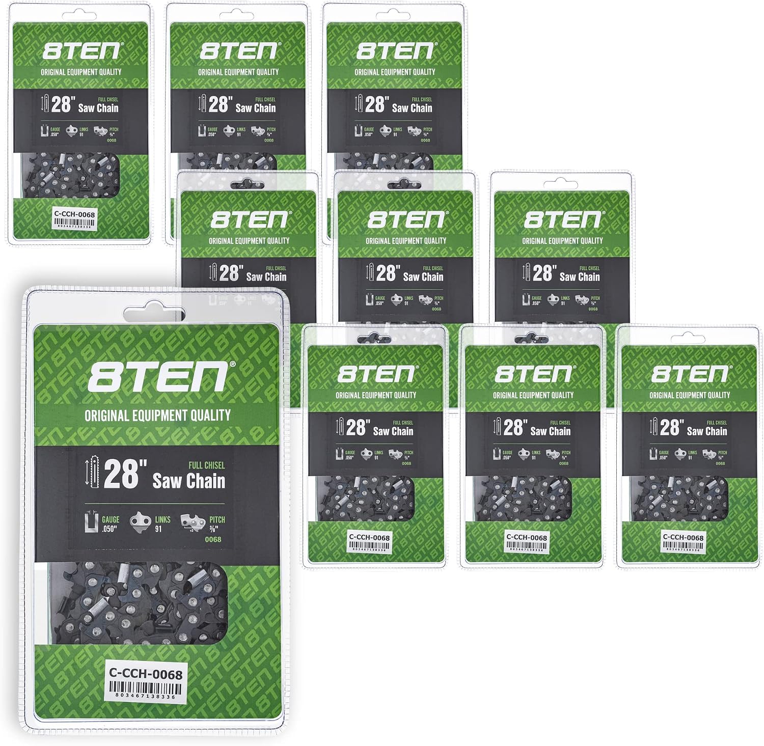 8TEN Full Chisel Chainsaw Chain 28 Inch .050 3/8 91DL For Stihl MS440 MS660 MS460 MS441 MS650 MS661 (10 Pack)