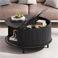 Round Coffee Table with Storage, 31.5' Modern Coffee Table with Sliding Door & Solid Wood Legs, Minimalist Fluted Center Table for Living Room, Home Small Space, Black