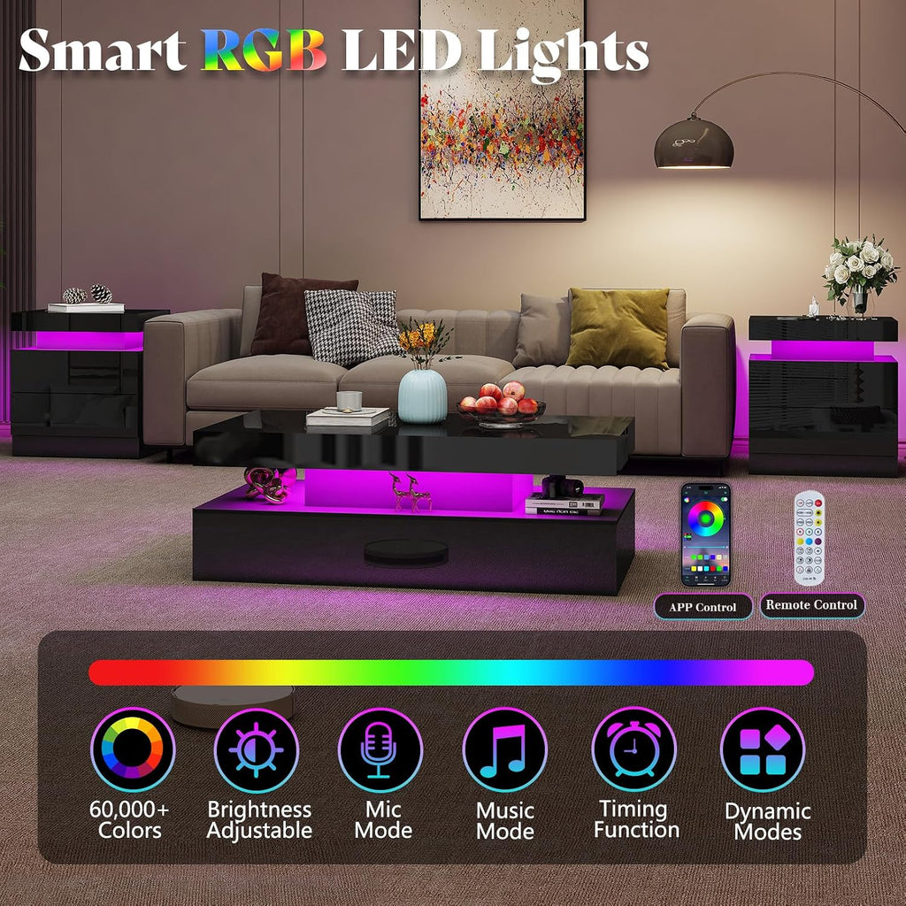 AMERLIFE High Gloss LED Nightstand Set of 2 with Charging Station, Modern Bedside Table Night Stand with LED Lights, Sofa End Side Tables with Drawers for Bedroom Living Room, Black