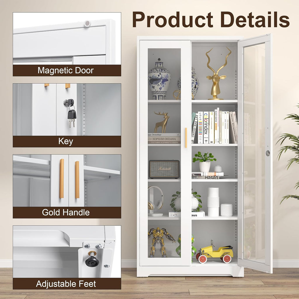 Curio Display Cabinet with Glass Doors,71'H Metal Display Case with 4 Adjustable Shelves, White China Storage Cabinet for Collectibles, Trophies & Liquor - Locking Tall Glass Cabinet for Home