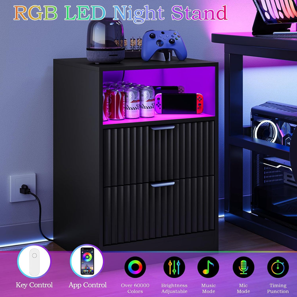 Black Night Stand Set 2, LED Nightstand with Charging Station,Wood Side Table Living Room,Fluted NightStands with 2 Drawers, End & Bedside Tables for Bedroom Sofa Office