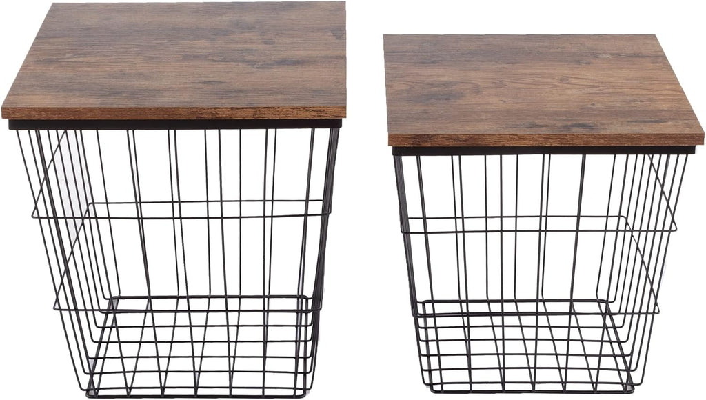 End Tables Set of 2 - Nesting Tables with Removable Wood Tops and Metal Basket Bases for Blanket Storage - Square Side Furniture for Living Room, Bedroom, or Home Office by Lavish Home (Brown)