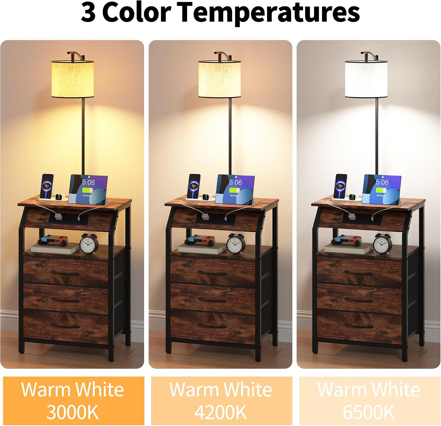 End Table with Floor Lamp Set of 2, Nightstand with Charging Station, Floor Lamp Table with 3-Color Temperature Bulb, Bedside Table Night Stand with 3 Drawers for Bedroom, Living Room, Retro