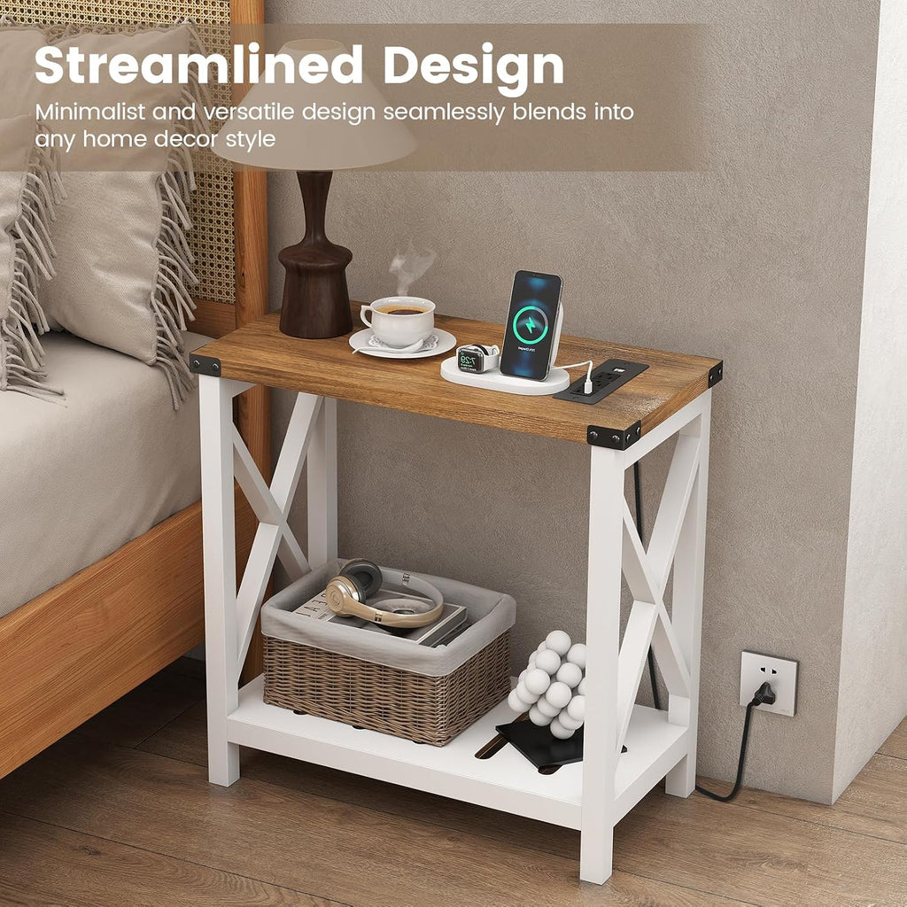 Hadulcet Farmhouse End Tables Living Room Set of 2, Narrow Side Table with Charging Station, Slim Nightstand for Small Space, Skinny Bedside Table, Sofa Side Table with Storage Shelf, White & Brown