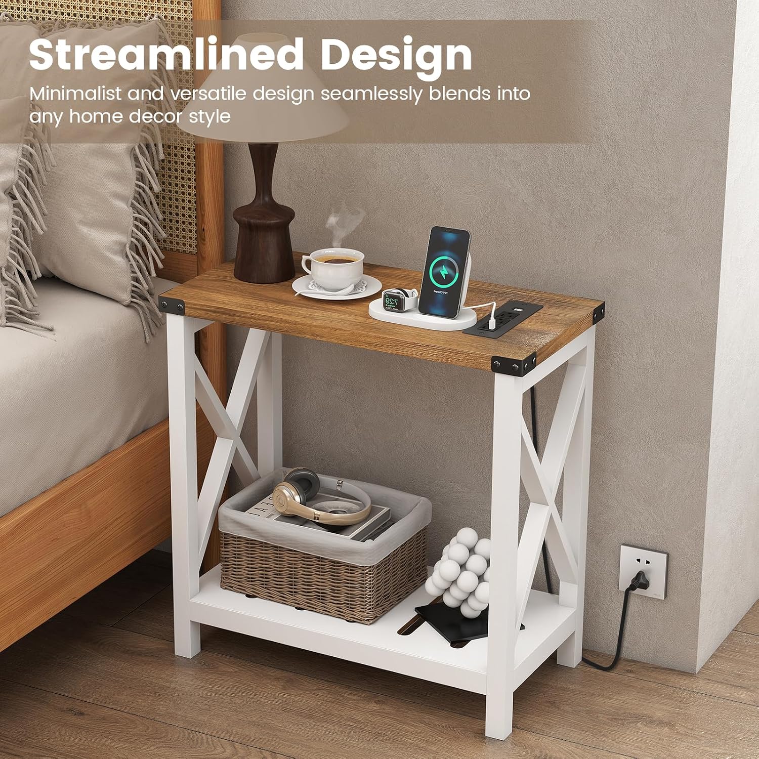 Hadulcet Farmhouse End Tables Living Room Set of 2, Narrow Side Table with Charging Station, Slim Nightstand for Small Space, Skinny Bedside Table, Sofa Side Table with Storage Shelf, White & Brown