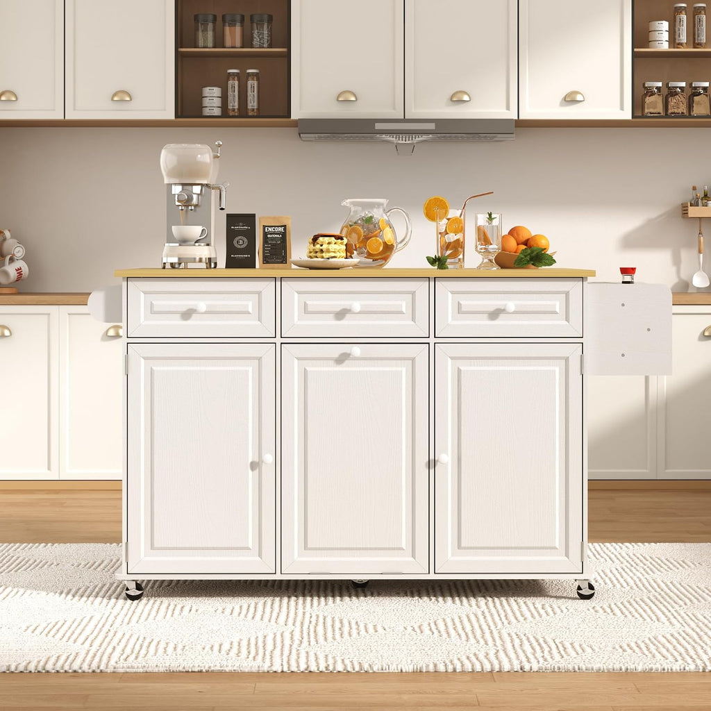St.Mandyu 62 inch Rolling Kitchen Island with Power Outlet, Drop Leaf & Storage Cabinet - Mobile Cart with Hidden Trash Cabinet, Spice Rack, Shelves, and Towel Holder for Small Spaces,White