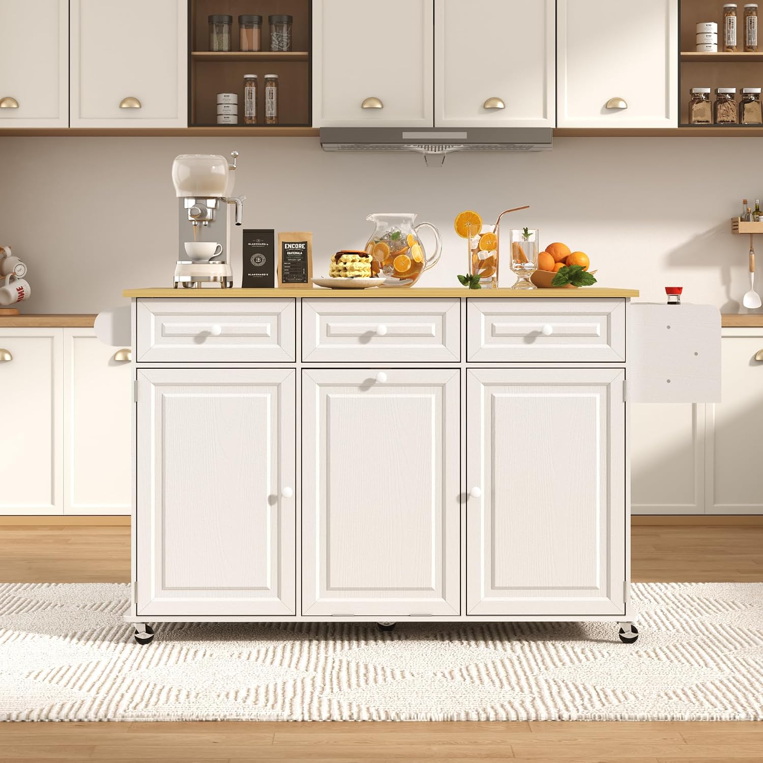 St.Mandyu 62 inch Rolling Kitchen Island with Power Outlet, Drop Leaf & Storage Cabinet - Mobile Cart with Hidden Trash Cabinet, Spice Rack, Shelves, and Towel Holder for Small Spaces,White