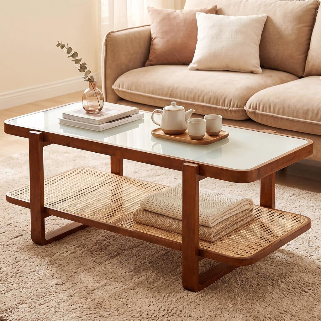 Giantex Rattan Coffee Table, 41.5' Farmhouse Center Table with Storage & Frosted Tempered Glass, Wood Boho Accent Cocktail Tea Table, Modern Living Room Table for Small Spaces, Walnut