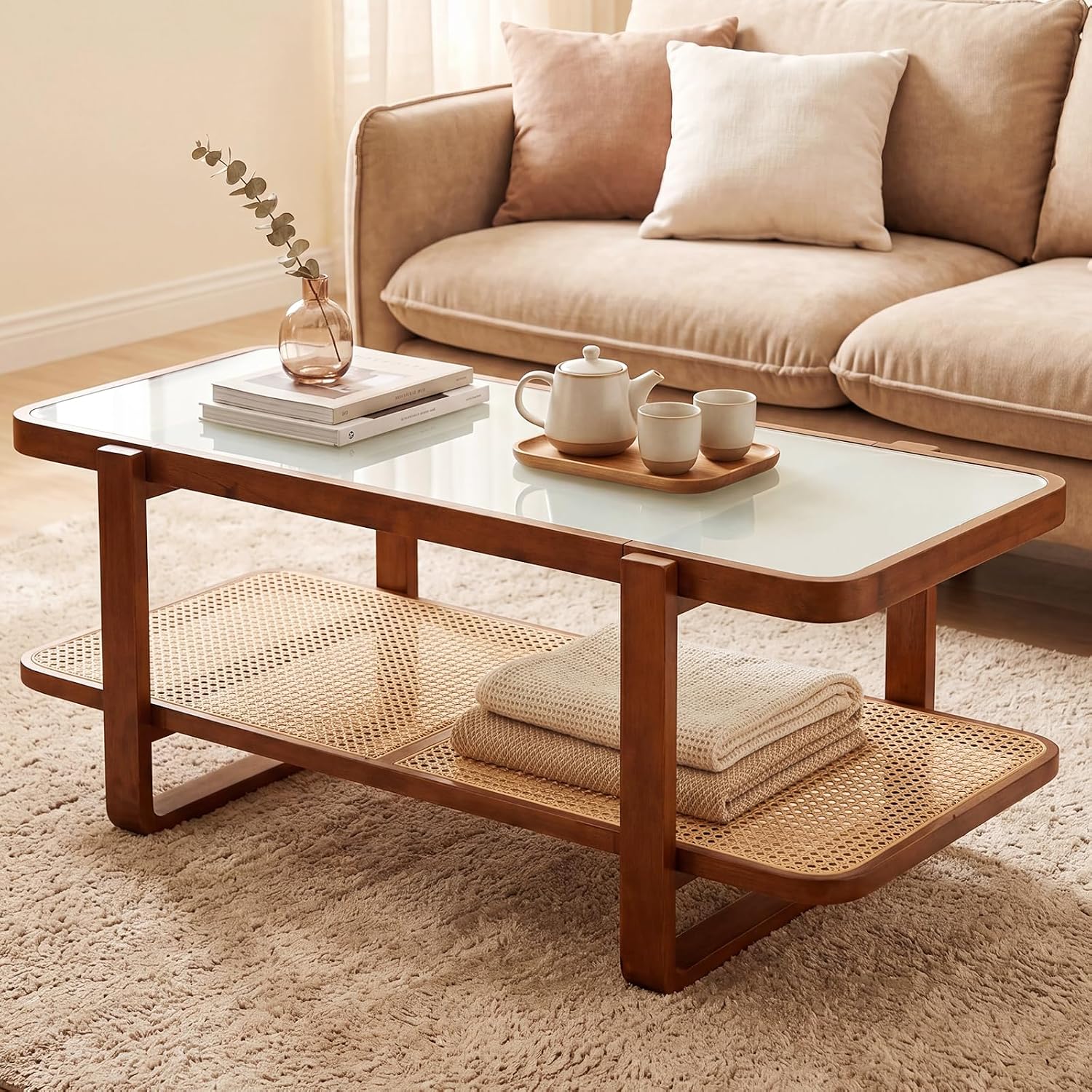 Giantex Rattan Coffee Table, 41.5' Farmhouse Center Table with Storage & Frosted Tempered Glass, Wood Boho Accent Cocktail Tea Table, Modern Living Room Table for Small Spaces, Walnut