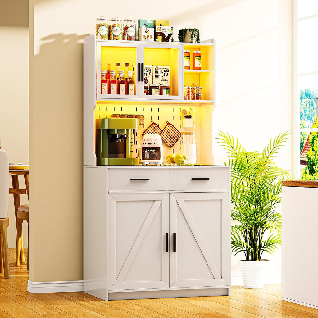 Gurexl 64' Farmhouse Kitchen Pantry with Auto Sensor LED,Storage Cabinets with 2 Outlets for Microwave & USB-C Ports,Hutch Cabinet with Pegboard,2 Cabinet,2 Drawers,1 Large Countertop