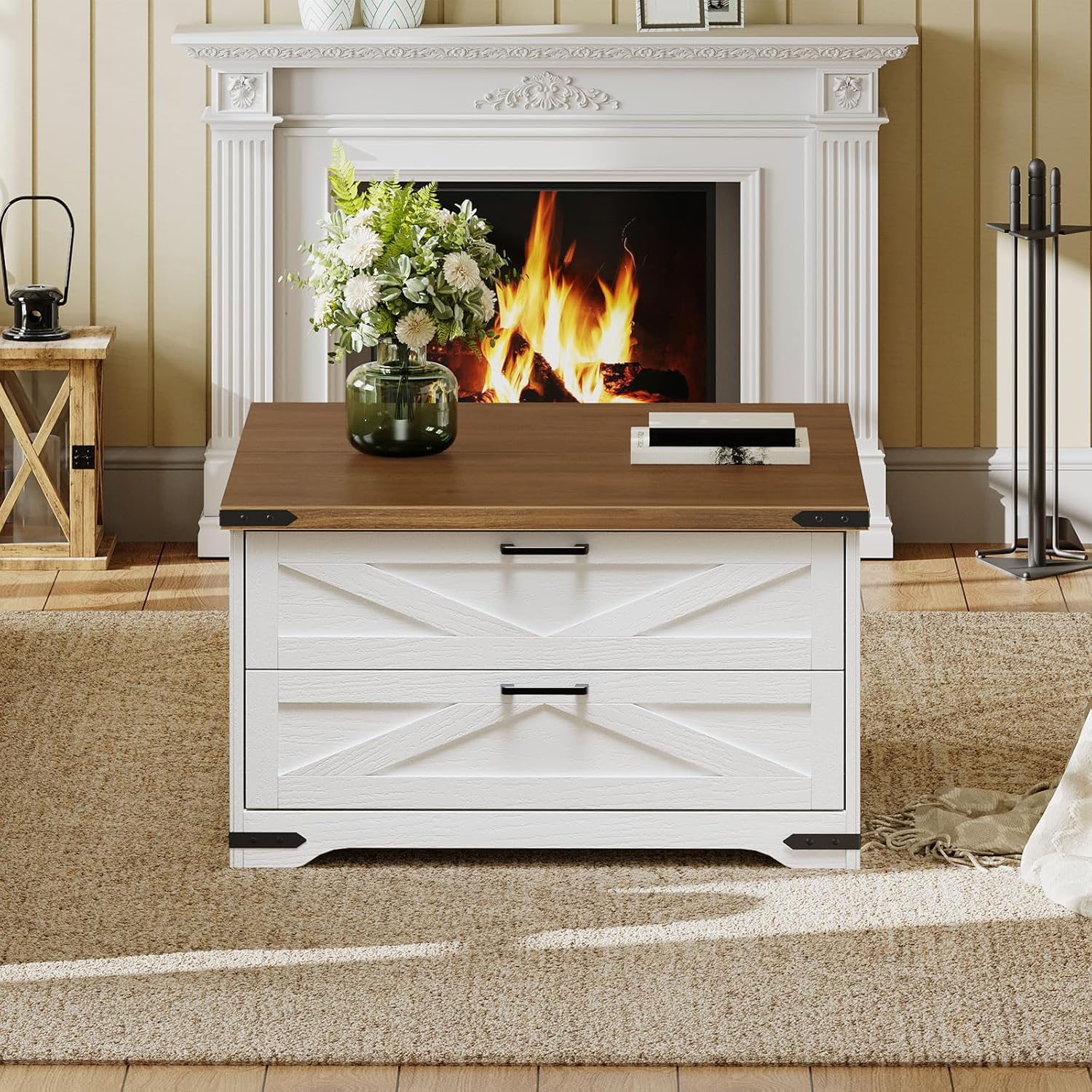 HOOBRO Lift Top Coffee Table with Storage, 31.5' Large Square Coffee Table with 2 Drawers, Large Hidden Space, White Farmhouse Center Table for Living Room, Home Office, White and Walnut WH45KF01