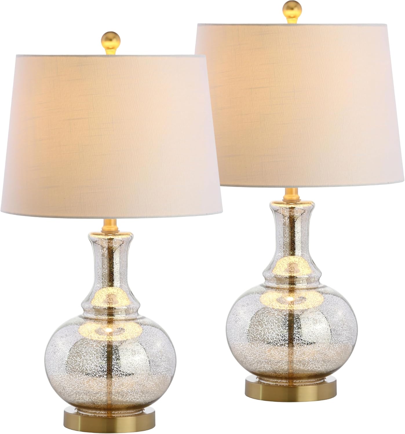 JONATHAN Y 25' Mercury Silver and Brass Gold Glass Table Lamp Set of 2 for Bedroom, Modern Bedside Lamp for Living Room Nightstand, White Linen Drum Shade, LED Bulb Included JYL1068A-SET2