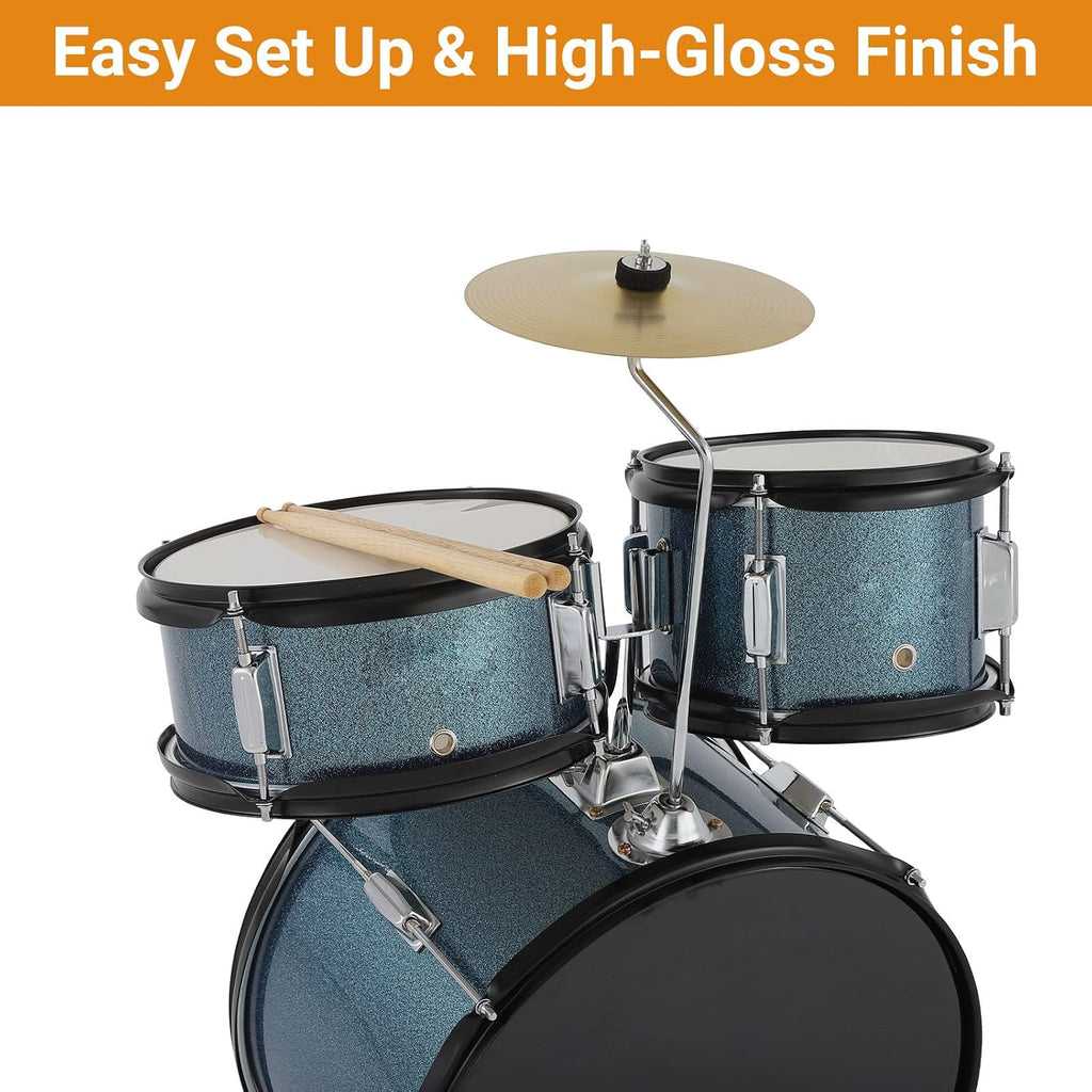 Drum Set for Children, 5 Drum Acoustic Drum Set, Metal and Wood Construction, Blue Color, for Music Learning, Home Practice and Creative Play