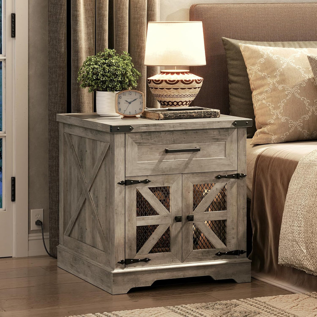 RALGEND Farmhouse End Table Set of 2, 24' Large Sofa Side Table with Drawer, Large End Table for Living Room, Wooden Nightstand with Charging Station, Square, Greige