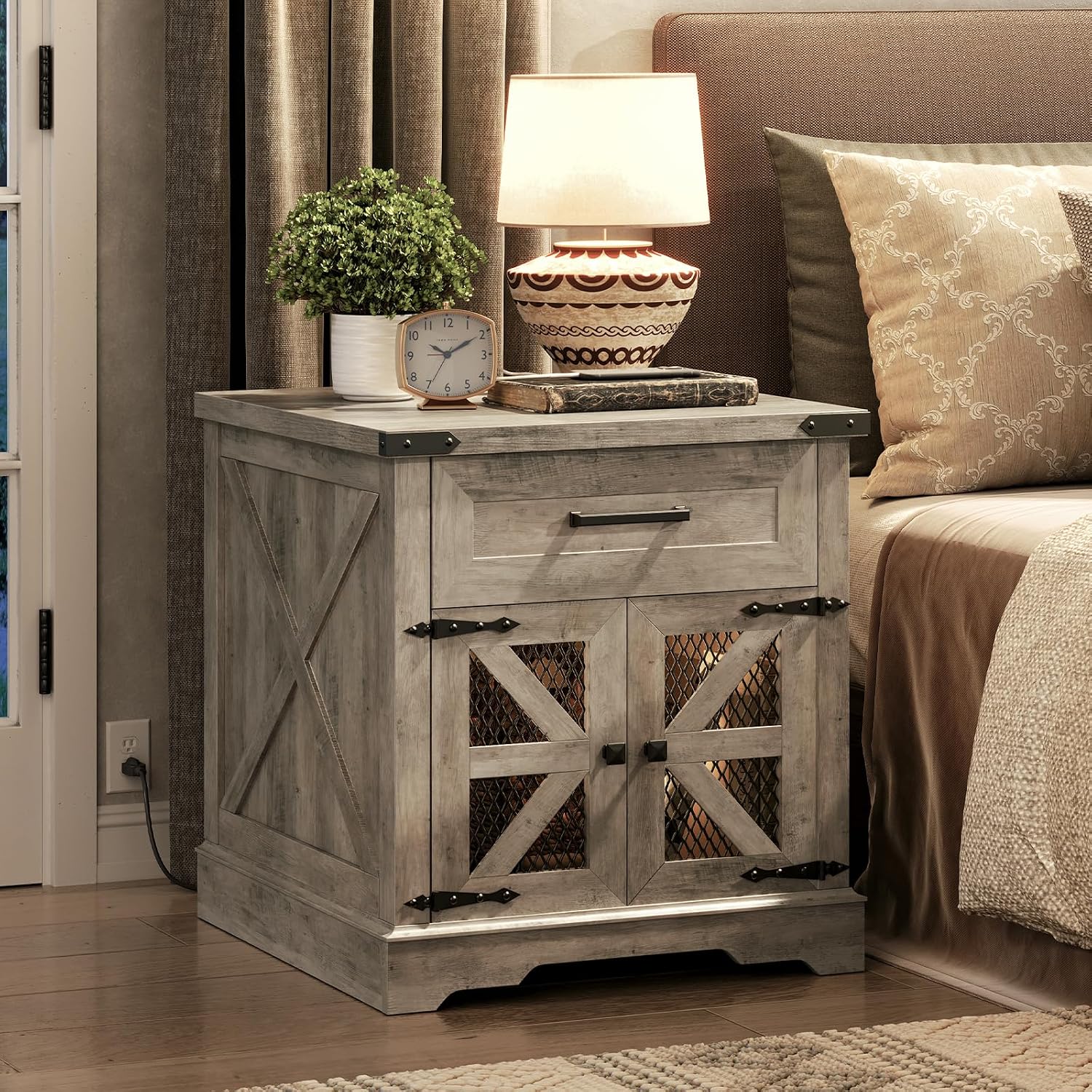 RALGEND Farmhouse End Table with Charging Station, 24' Large Sofa Side Table with Drawer, Large End Table for Living Room, Wooden Nightstand with Outlet, Square, Greige