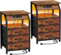 SZLHANJZ End Tables Set of 2, Nightstands with Charging Station and LED Lights, 3 Drawers Fabric Bedside Table, Storage Side Tables for Bedside, Living Room, Rustic Brown