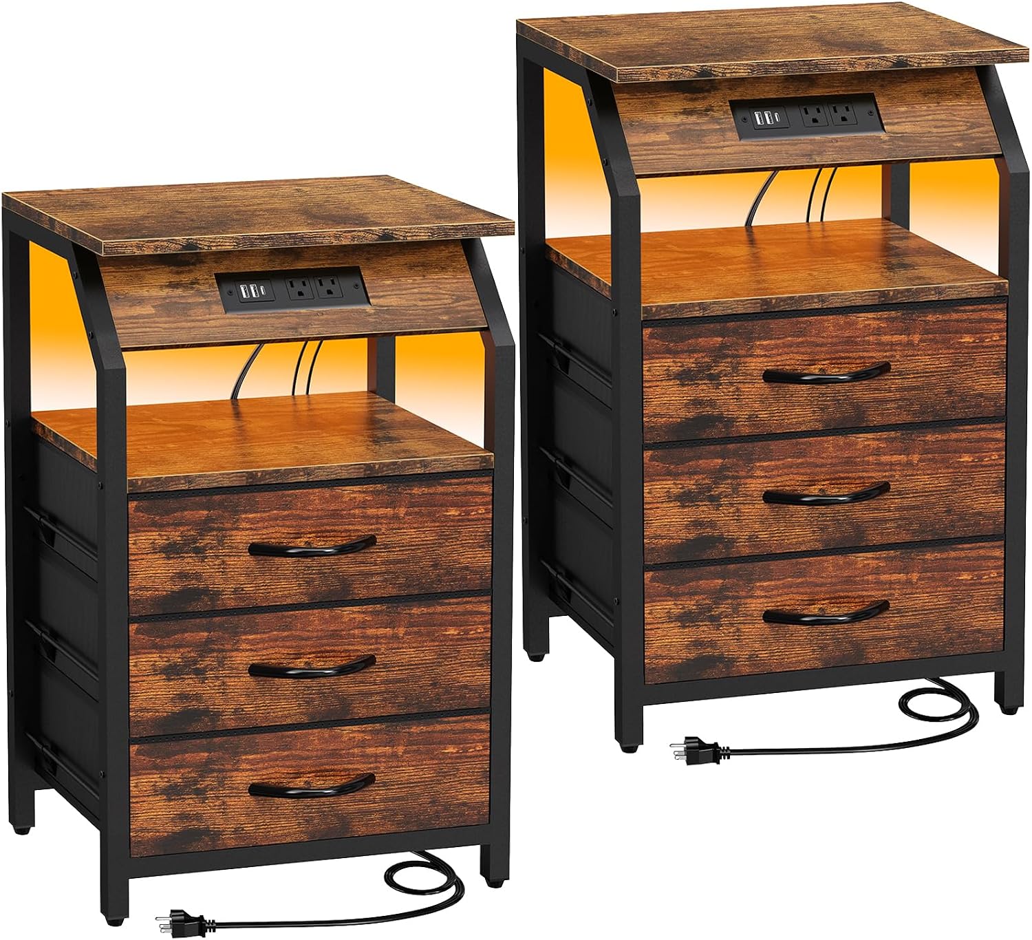 SZLHANJZ End Tables Set of 2, Nightstands with Charging Station and LED Lights, 3 Drawers Fabric Bedside Table, Storage Side Tables for Bedside, Living Room, Rustic Brown