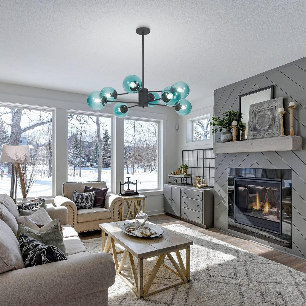 Glass Globe Chandelier Mid Century Modern Pendant Lights Black Ceiling Hanging Light Fixture with Blue Glass Shade Sputnik Chandeliers for Kitchen Island Living Dining Bedroom (Blue)