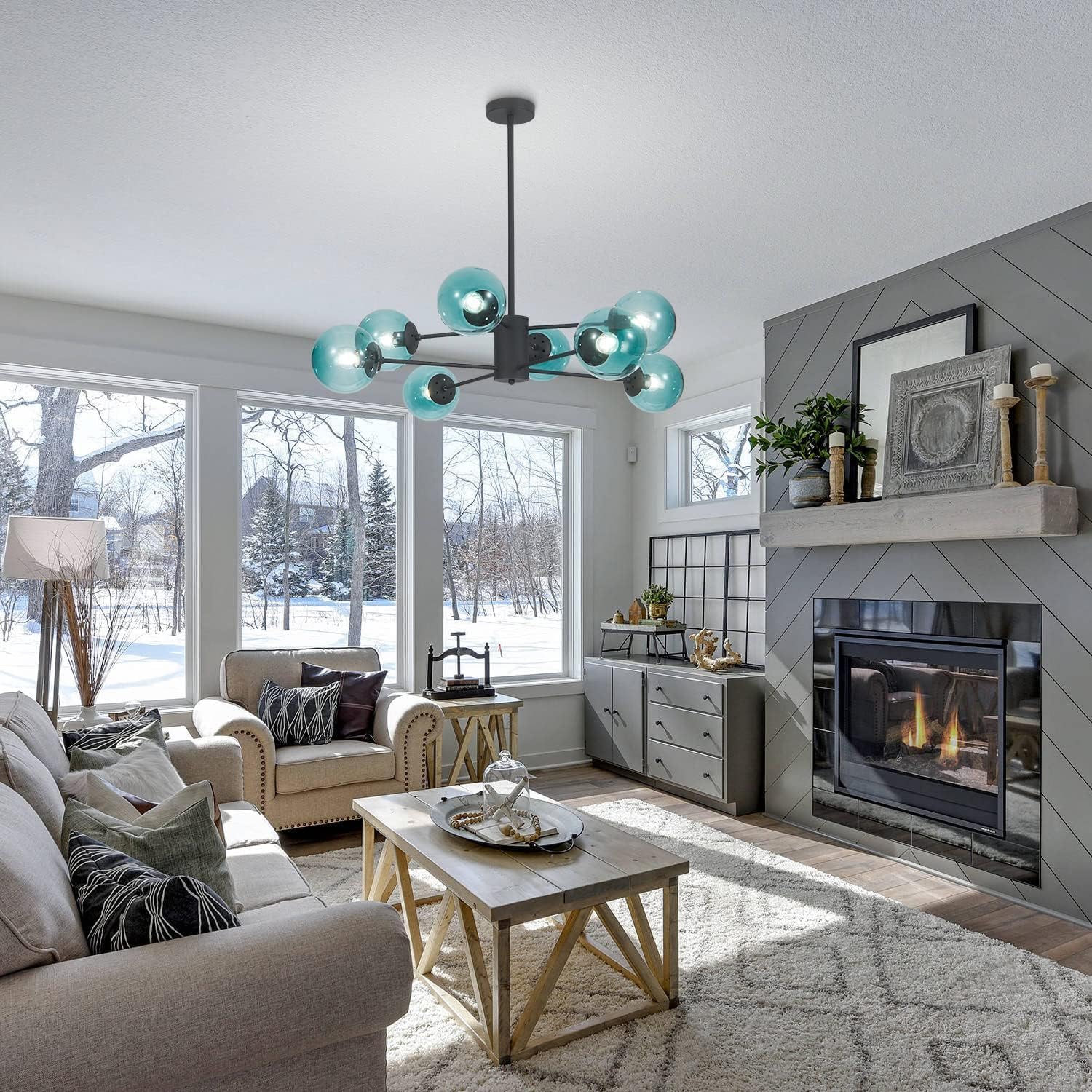 Glass Globe Chandelier Mid Century Modern Pendant Lights Black Ceiling Hanging Light Fixture with Blue Glass Shade Sputnik Chandeliers for Kitchen Island Living Dining Bedroom (Blue)