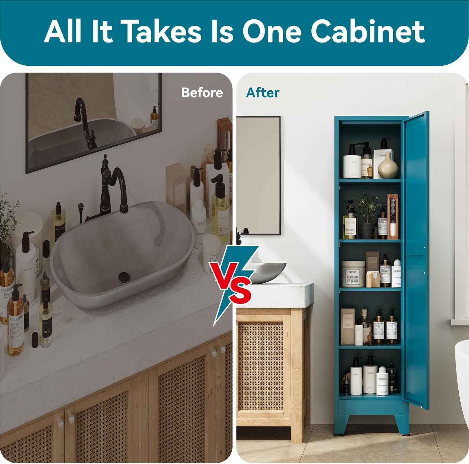 67' Tall Storage Cabinet with Reversible Doors and Adjustable Shelves,Metal Slim Freestanding Cabinet for Bathroom Kitchen Garage Small Spaces,Blue,5-Tier 1 Pack