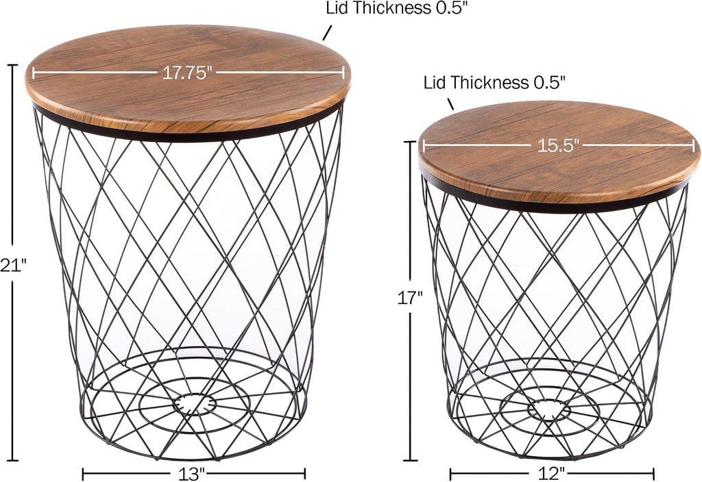 End Tables Set of 2 - Nesting Tables with Removable Wood Tops and Metal Basket Bases for Blanket Storage - Round Side Furniture for Living Room, Bedroom, or Home Office by Lavish Home (Brown)