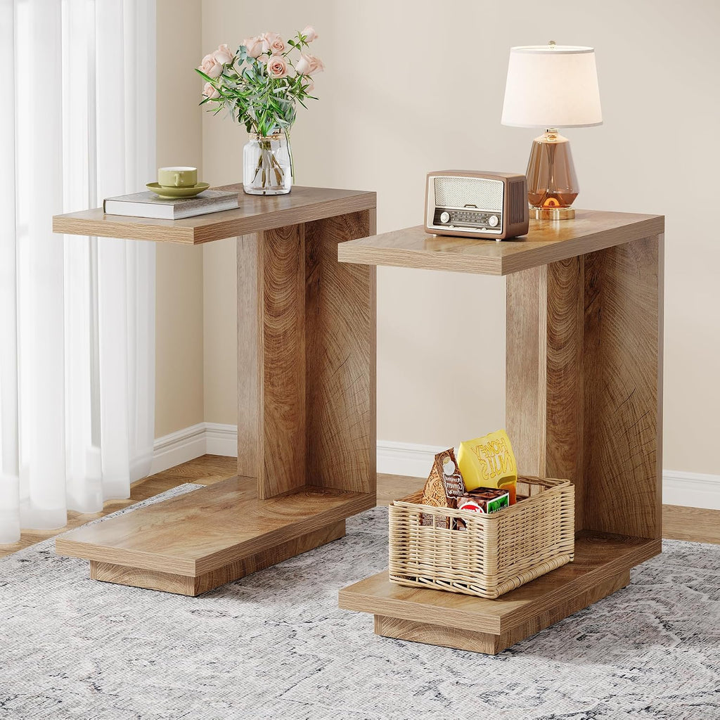 Tribesigns C-Shaped Side Table for Couch, 2-Tier Narrow End Table with Sturdy Pedestal, Industrial Sofa End Table for Living Room, Bedroom, Brown, (Set of 2)