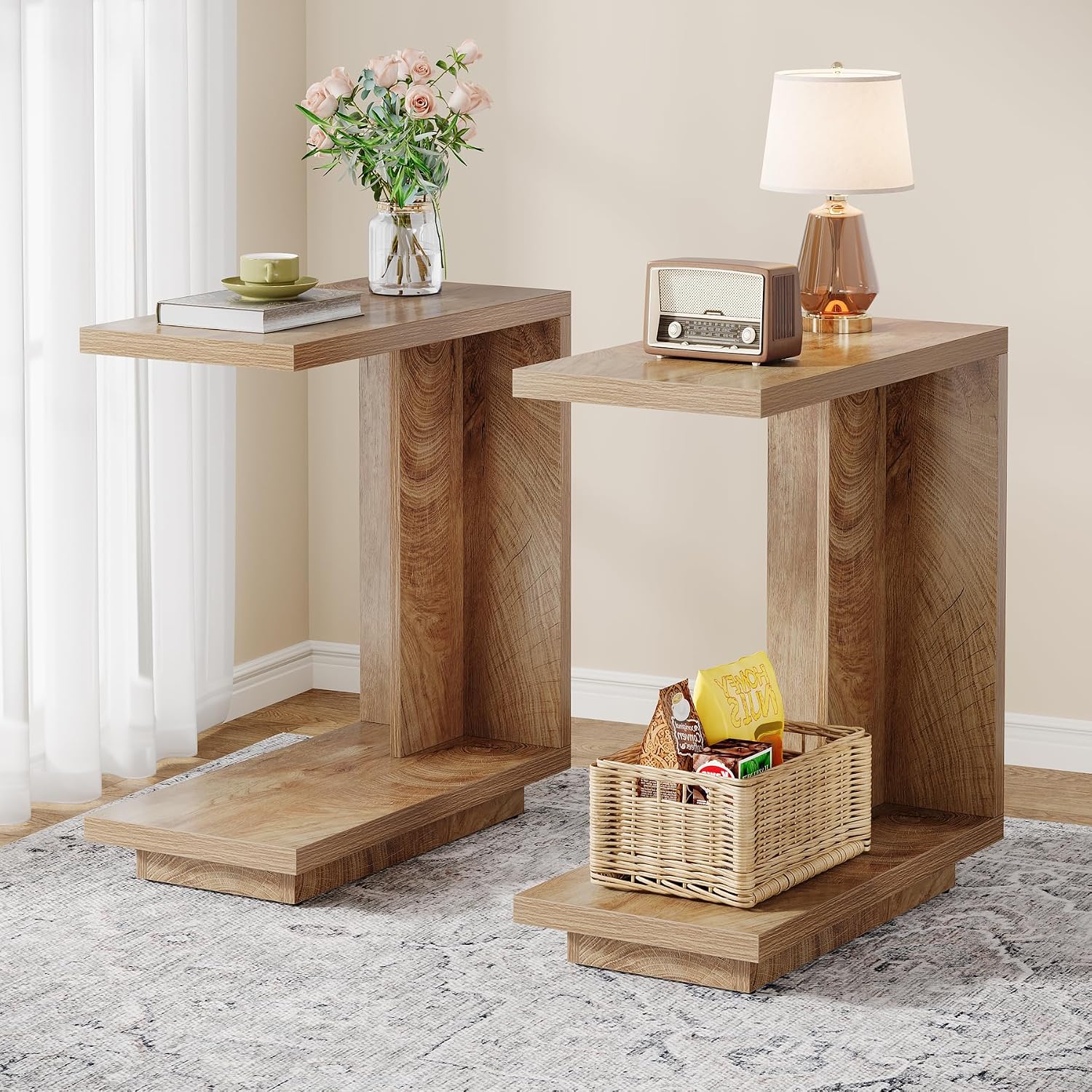 Tribesigns C-Shaped Side Table for Couch, 2-Tier Narrow End Table with Sturdy Pedestal, Industrial Sofa End Table for Living Room, Bedroom, Brown, (Set of 2)