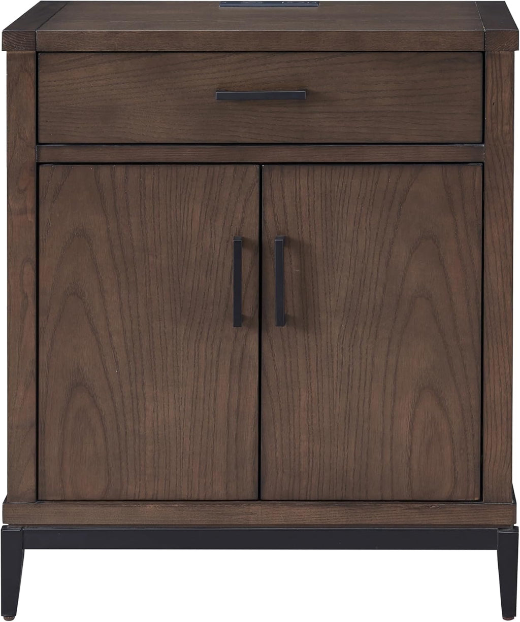 Leick Home Julien Nightstand Side Table One Drawer and Lower Cabinet Traditional – Fast Charging Station – Durable Solid Wood – Living Room, Bedroom, Office, Coffee Bean with Matte Black, 9079-GRMB
