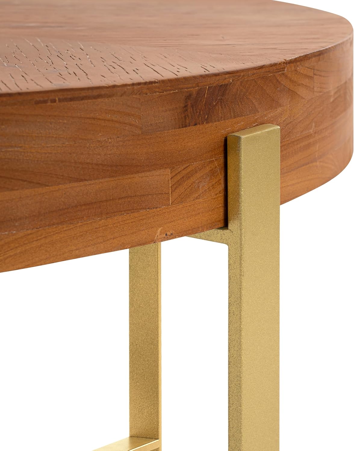 33.86' Round Coffee Table with X-Shaped Gold Metal Legs, Solid Wood Circle Table for Living Room, Retro Circular Table, Natural