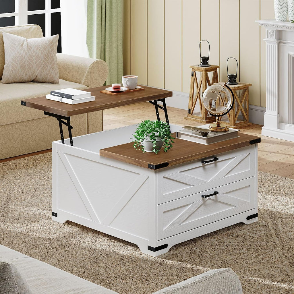 HOOBRO Lift Top Coffee Table with Storage, 31.5' Large Square Coffee Table with 2 Drawers, Large Hidden Space, White Farmhouse Center Table for Living Room, Home Office, White and Walnut WH45KF01