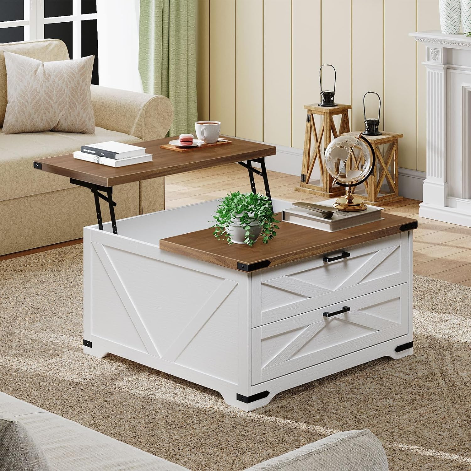 HOOBRO Lift Top Coffee Table with Storage, 31.5' Large Square Coffee Table with 2 Drawers, Large Hidden Space, White Farmhouse Center Table for Living Room, Home Office, White and Walnut WH45KF01