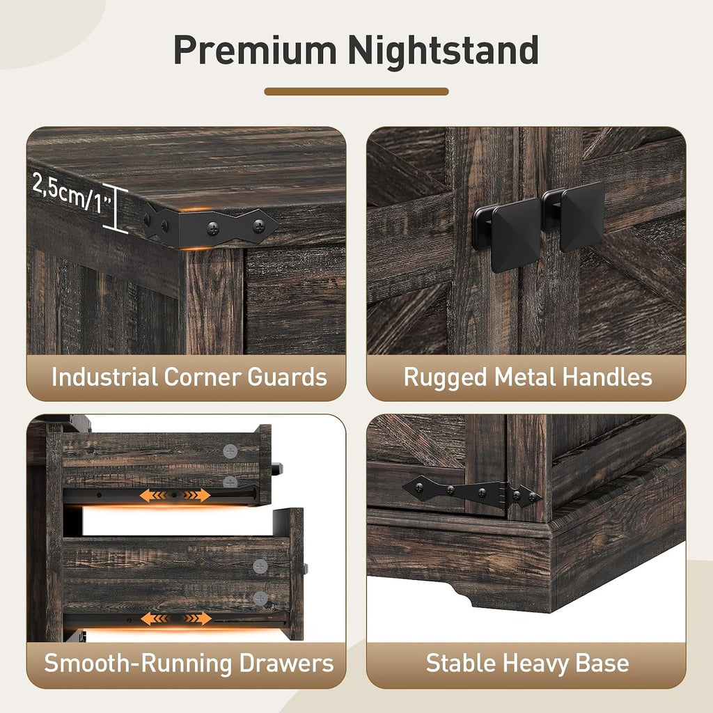 RALGEND Farmhouse End Table with Charging Station, 24'' Sofa Side Table with 2 Drawers and Barn Door, Large Rustic Wooden Square Nightstand for Bedroom, Living Room, Dark Rustic Oak