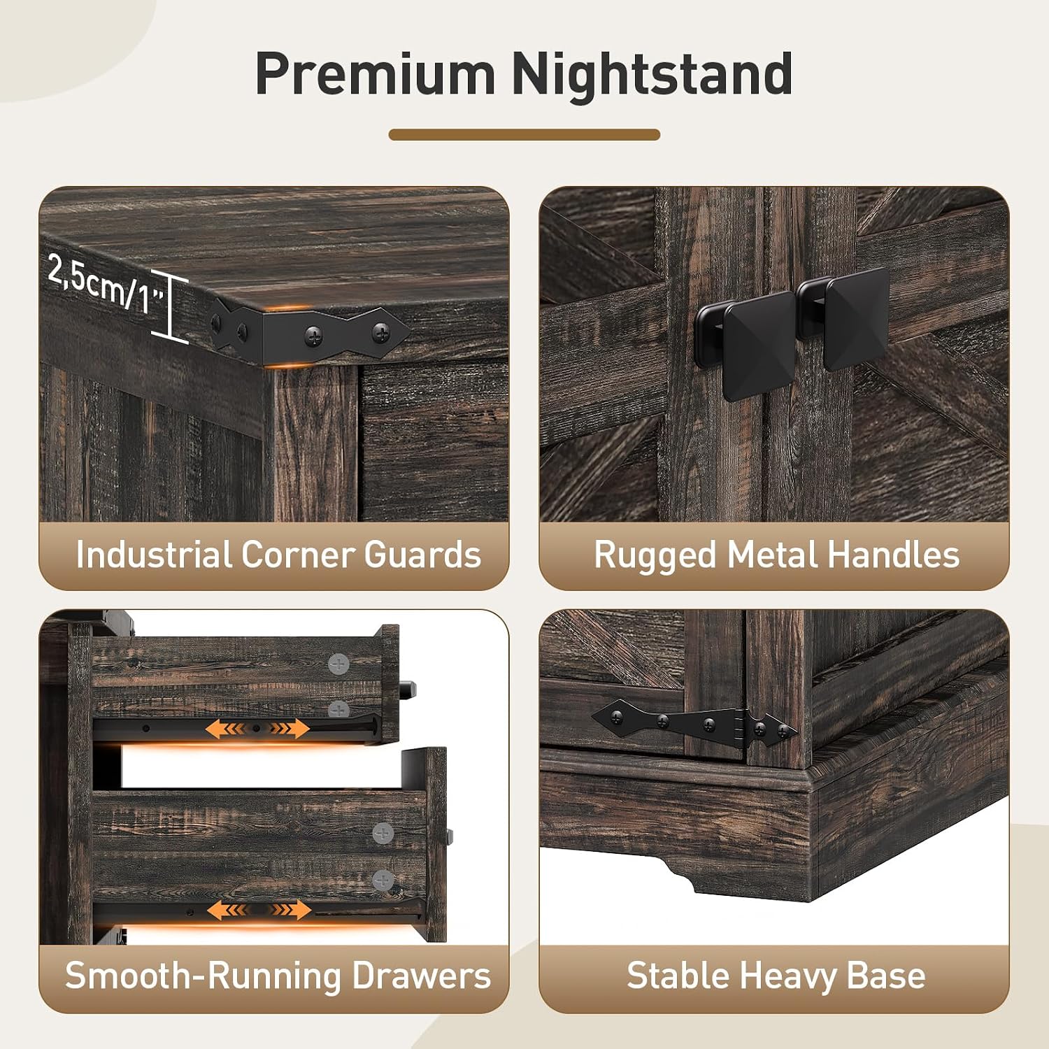 RALGEND Farmhouse End Table with Charging Station, 24'' Sofa Side Table with 2 Drawers and Barn Door, Large Rustic Wooden Square Nightstand for Bedroom, Living Room, Dark Rustic Oak