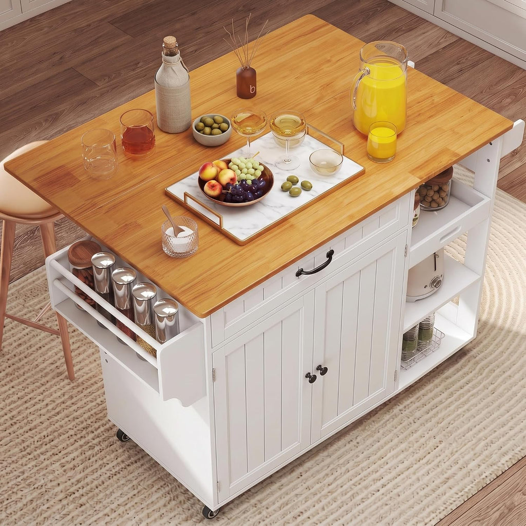 Gizoon Update Kitchen Island, 41.7' W Kitchen Island with Storage, Rolling Island Table on 5 Wheels, with Drop Leaf, Refrigerator Door, Adjustable Shelf, Spice/Towel Rack, Removable Tray, White