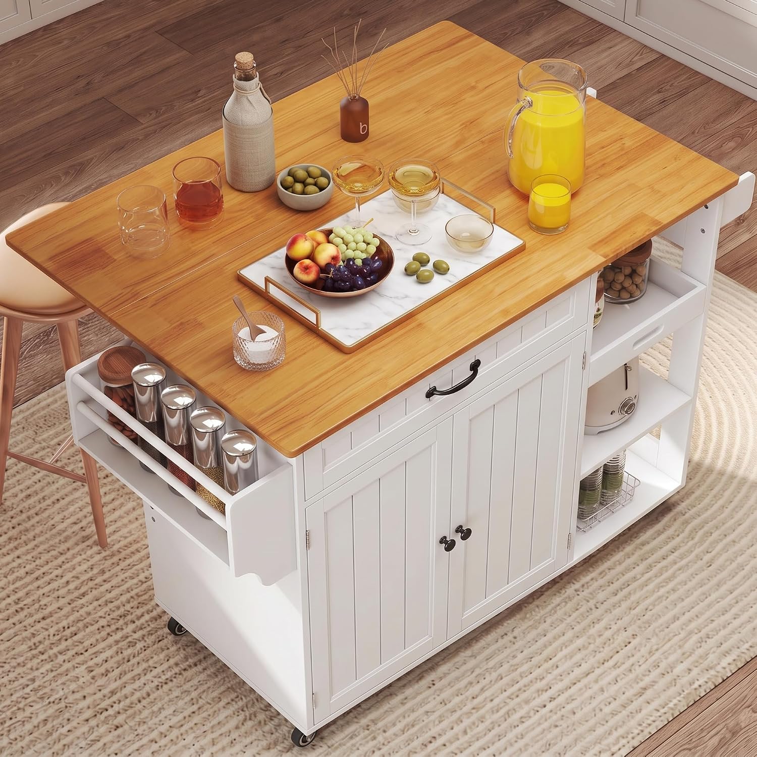 Gizoon Update Kitchen Island, 41.7' W Kitchen Island with Storage, Rolling Island Table on 5 Wheels, with Drop Leaf, Refrigerator Door, Adjustable Shelf, Spice/Towel Rack, Removable Tray, White