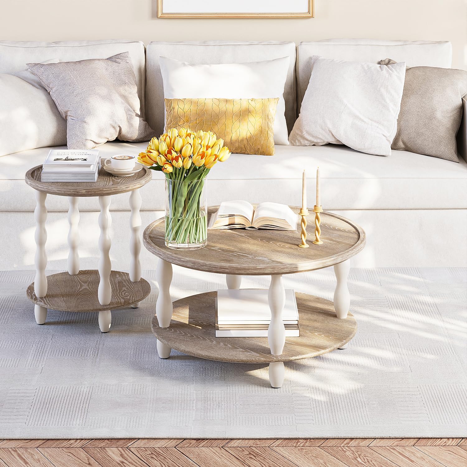 karlott Round Coffee Table, 30.3' Coffee Tables for Living Room, Solid Wood Veneer 2-Tier Center Table with Storage Shelf, Pine Leg, Boho Rustic Farmhouse for Living Room, Easy Assembly, Cream Beige