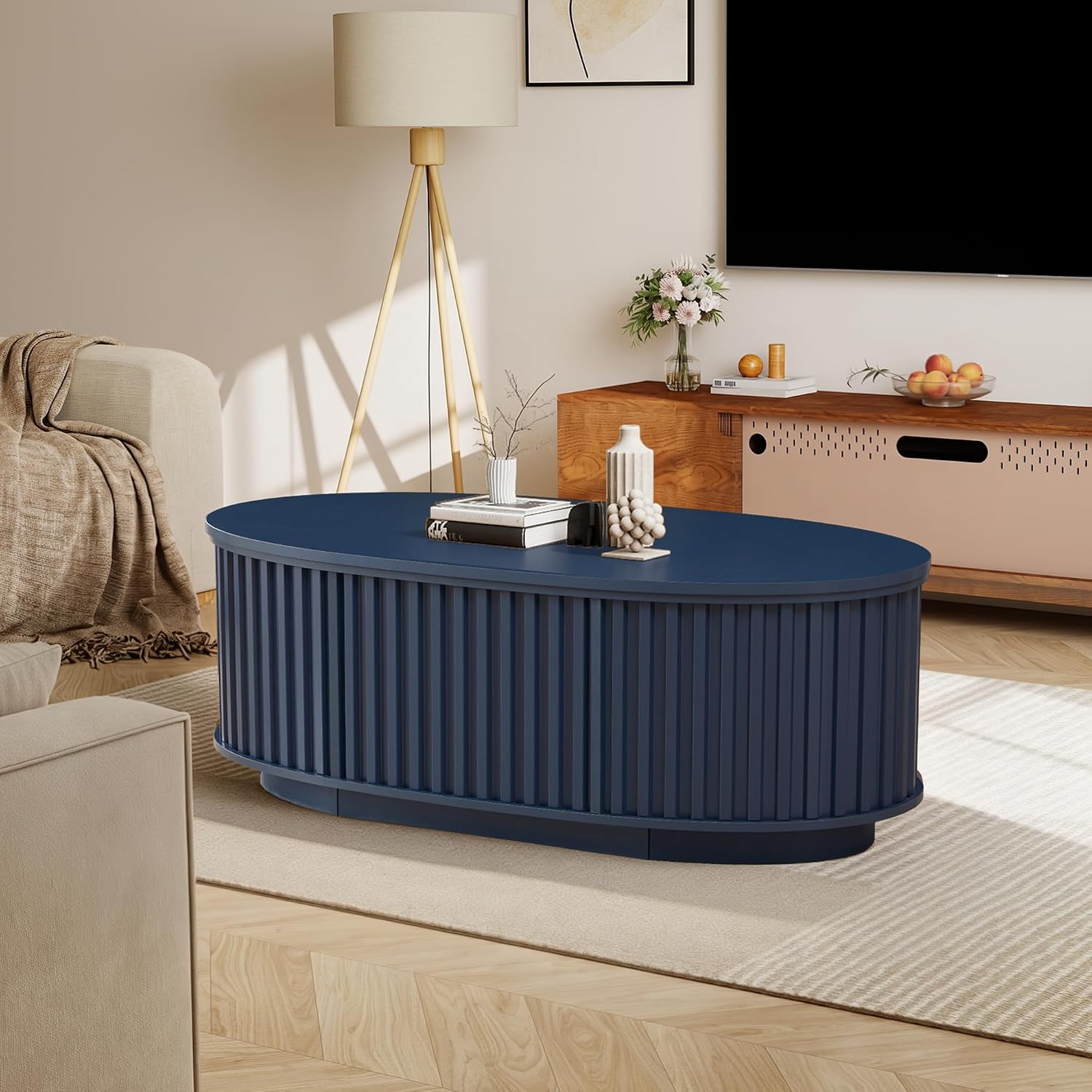 Oval Coffee Table, 43.3'' Fluted Lift Top Coffee Table with Hidden Storage Compartment, Mid Century Modern Dining Table Wooden Center Table for Living Room, Office, Small Spaces