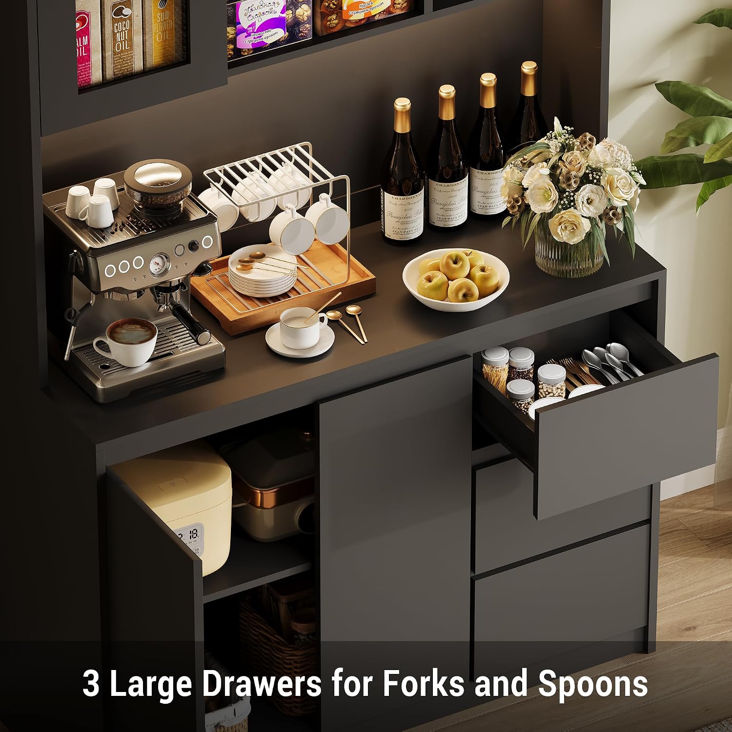 GarveeHome 71' Tall Kitchen Pantry Cabinet, Kitchen Storage Hutch with Led Lights and Power Outlets, Microwave Stand, Glass Door, Adjustable Shelves, Handless Design, Cream White