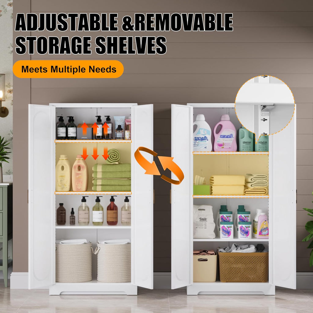 Metal Storage Cabinet with 3 Adjustable Shelves, 60' Tall Kitchen Storage Cabinet with Gold Handles, White Pantry Cabinets for Kitchen, Living Room, Hallway - Assembly Required
