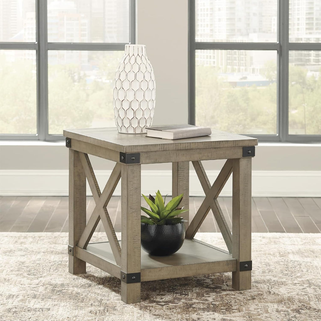 Signature Design by Ashley Aldwin Casual Farmhouse Rectangular End Table with Crossbuck Details, Metal Bracket Accents, Wood, 25' High, Weathered Gray