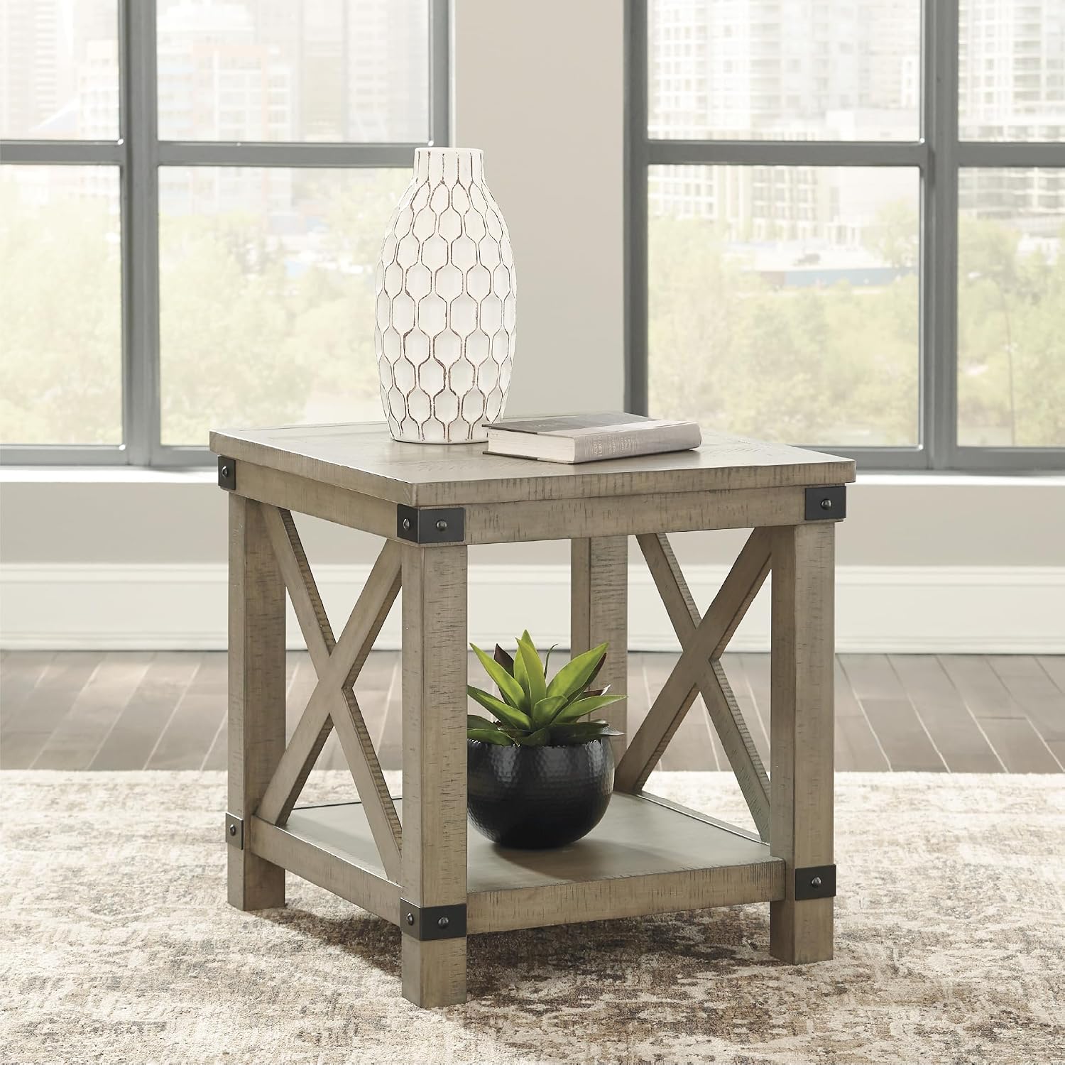Signature Design by Ashley Aldwin Casual Farmhouse Rectangular End Table with Crossbuck Details, Metal Bracket Accents, Wood, 25' High, Weathered Gray