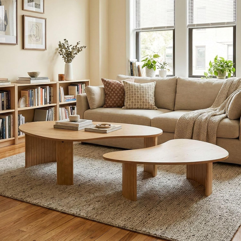 Hyfirm Modern Boho Nesting Coffee Tables, Set of 2 with Solid Wood Fluted Legs, Oval Irregular Mango Shape Modular Center Table for Living Room, Small Apartment