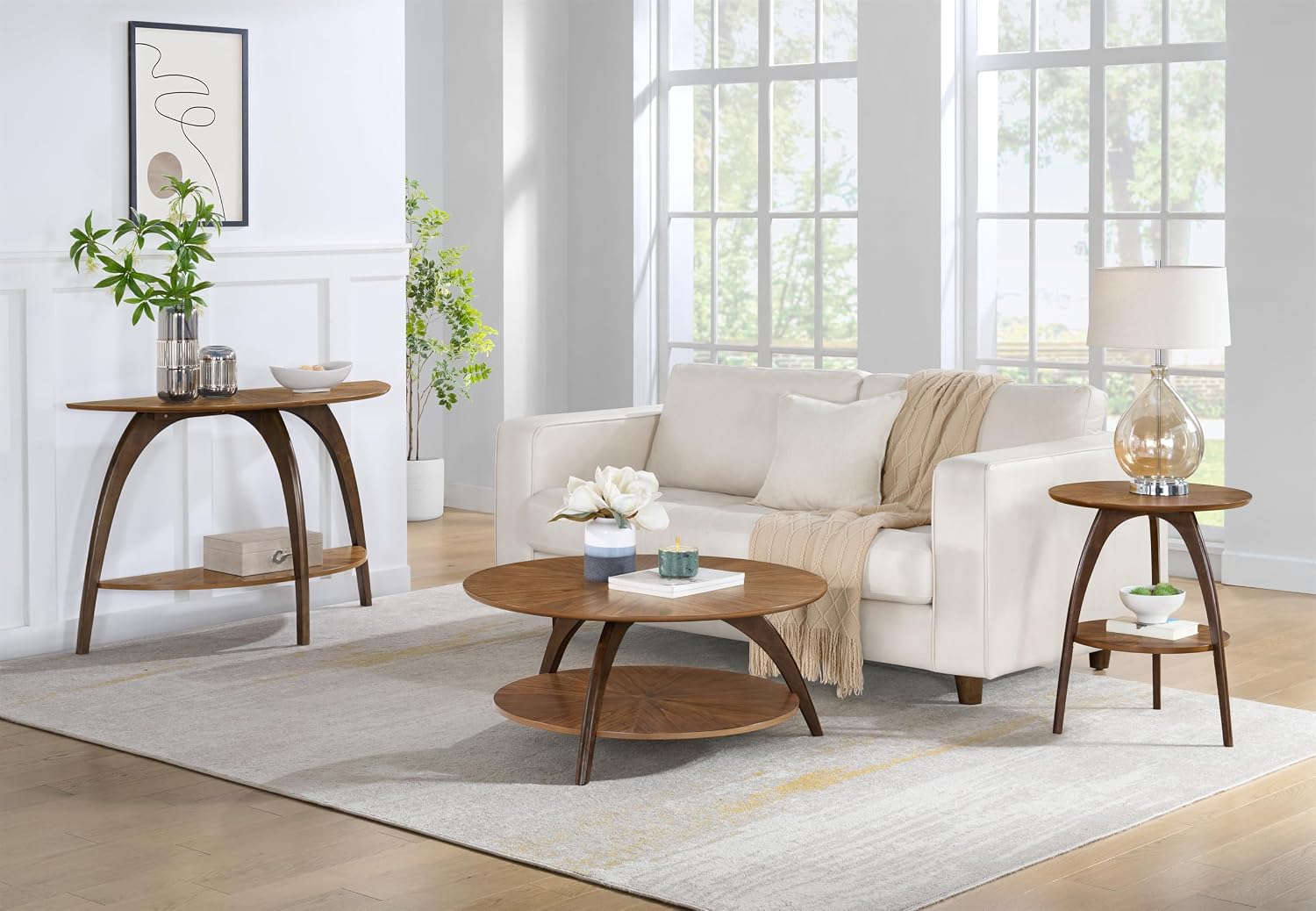 Retro Mid-Century Modern Round Wood End Table, Solid Grain Side Table with Lower Shelf, Small Accent Table for Living Room or Nightstand. Nutmeg Brown Top with Espresso Brown Legs