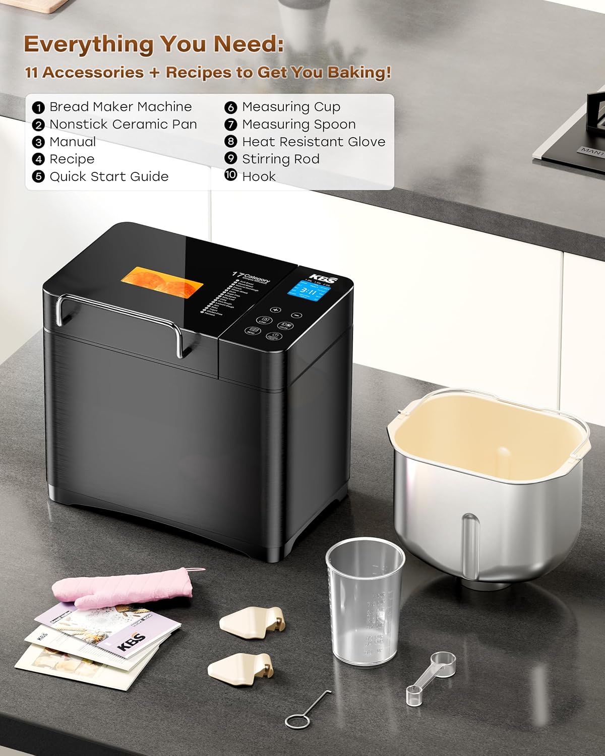 KBS Premium 2LB Convection Bread Maker Dual Heaters, 710W Stainless Steel 17-in-1 Bread Machine Healthy Ceramic Pan, Nut Dispenser,Touch Panel, 3 Loaf Sizes 3 Crust Colors, 15H Timer,Low Noise,Recipes